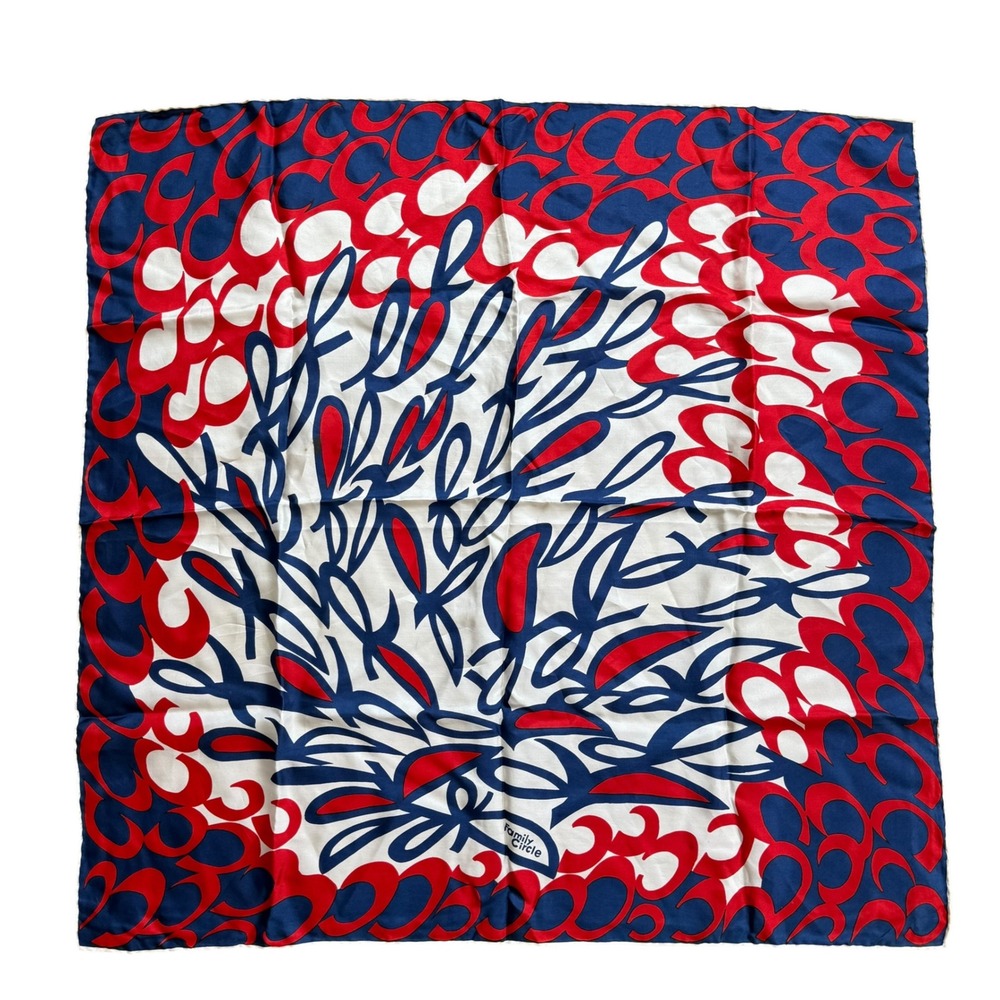 Vintage Glentex Family Circle Silk Scarf Red White Blue Abstract Graphic Square